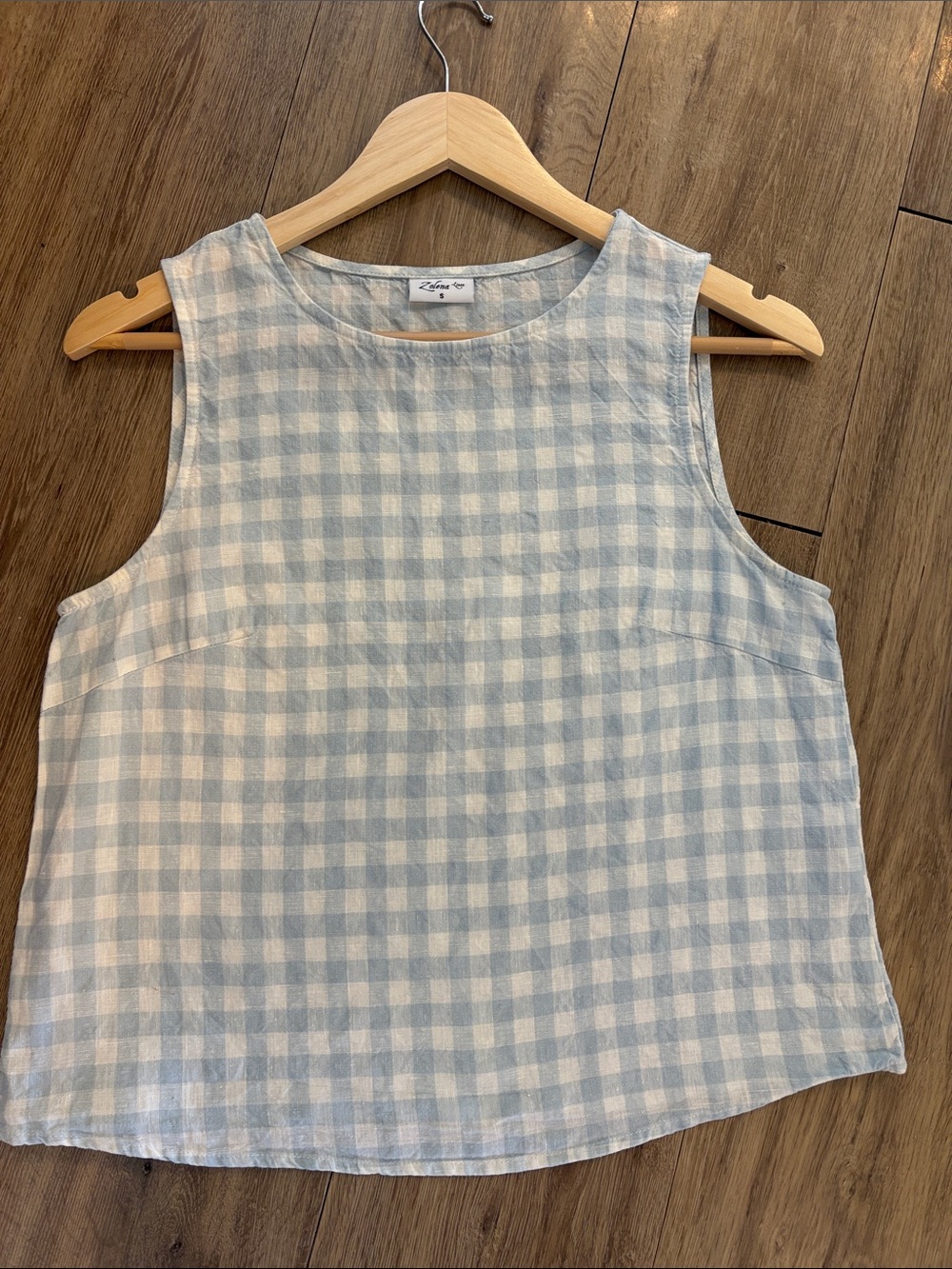 Linen Zolena Blue Gingham cropped Tank Top in Blue & White Size Small